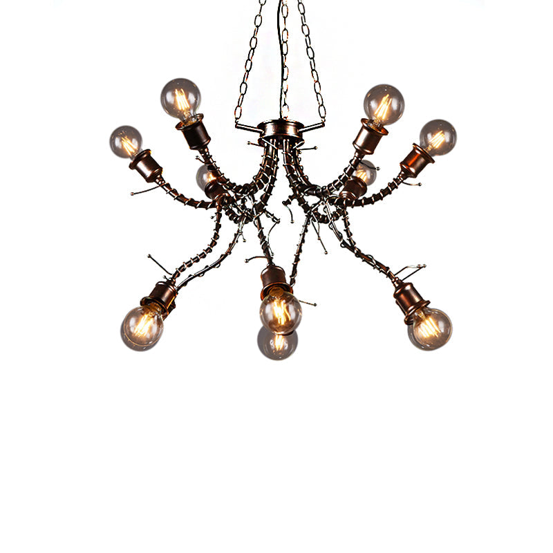 10-Light Human Shade Chandelier Loft Style Black Metal Pendant Light Fixture in Bedroom with Sputnik Shape - Rebooters