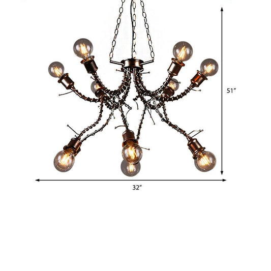 10-Light Human Shade Chandelier Loft Style Black Metal Pendant Light Fixture in Bedroom with Sputnik Shape - Rebooters