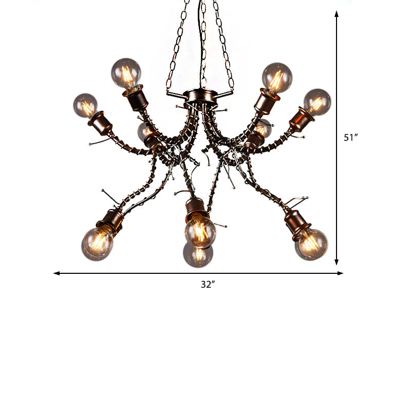 10-Light Human Shade Chandelier Loft Style Black Metal Pendant Light Fixture in Bedroom with Sputnik Shape - Rebooters