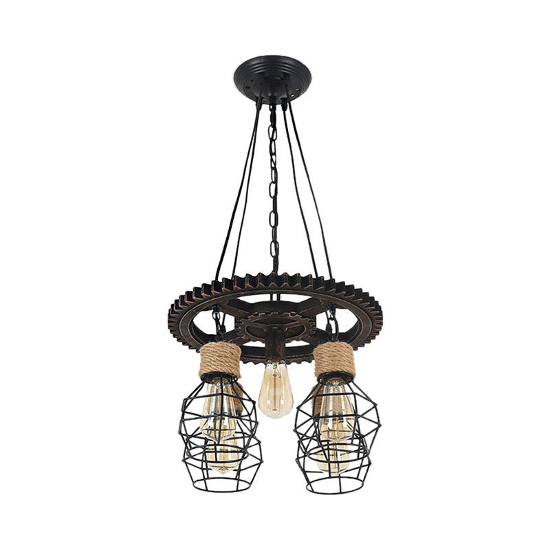 5 Lights Metal and Rope Pendant Chandelier Black Globe - Rebooters