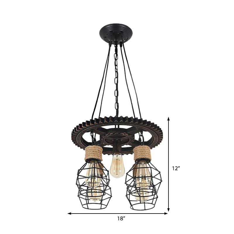 5 Lights Metal and Rope Pendant Chandelier Black Globe - Rebooters