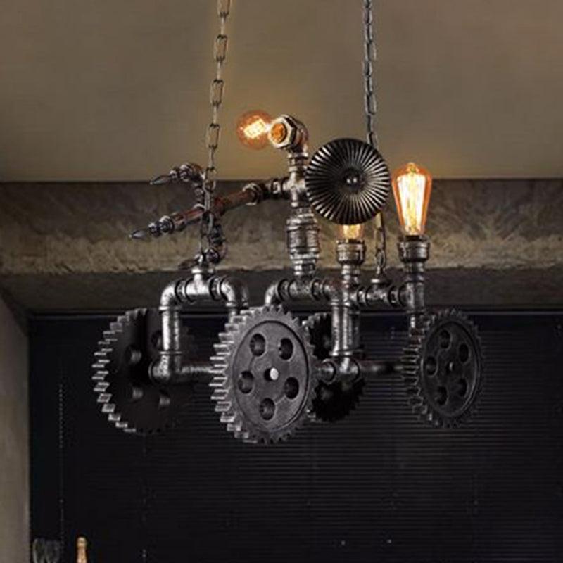 Antique Silver 3 Lights Chandelier Light Fixture Industrial Metal Gear Pendant Lamp with Robot - Rebooters