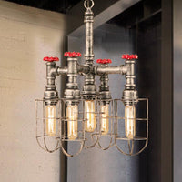 5 Lights Ceiling Light Industrial Caged Amber Glass Chandelier - Rebooters