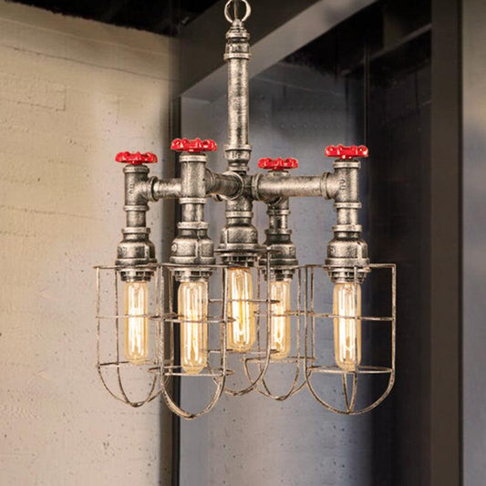 5 Lights Ceiling Light Industrial Caged Amber Glass Chandelier - Rebooters