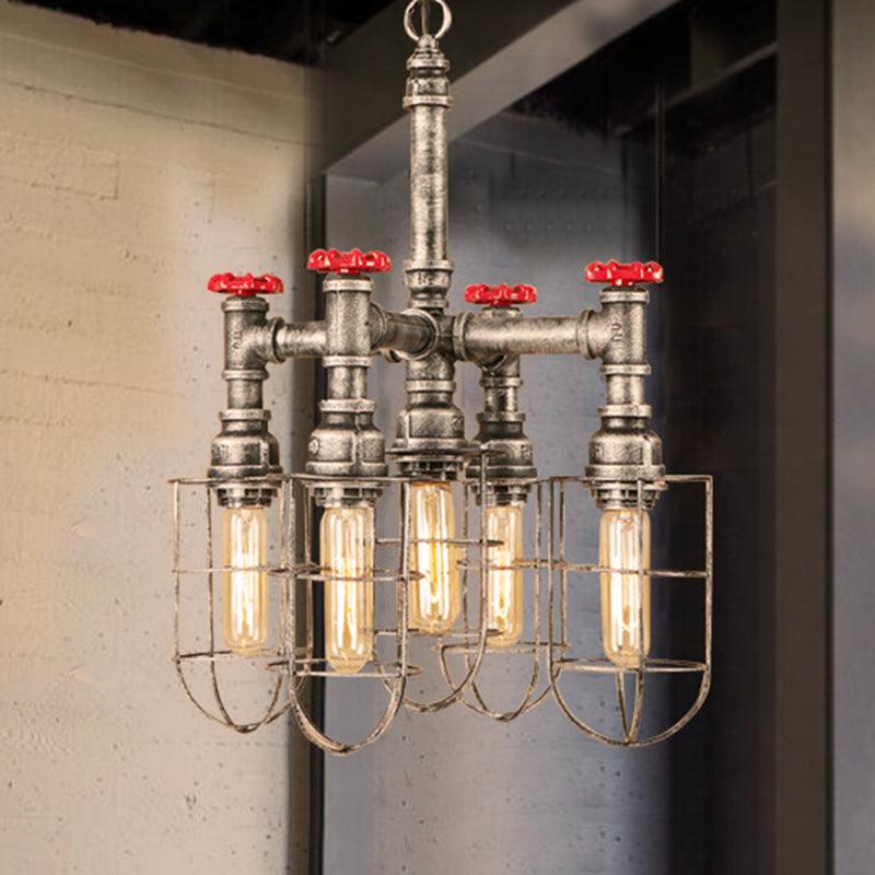5 Lights Ceiling Light Industrial Caged Amber Glass Chandelier - Rebooters