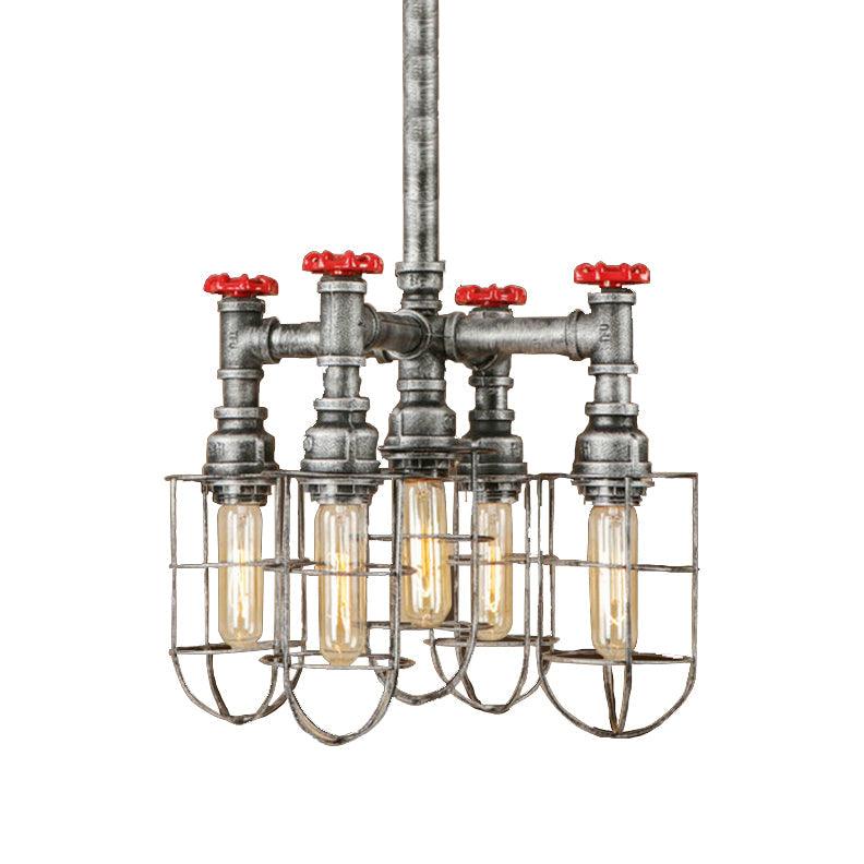 5 Lights Ceiling Light Industrial Caged Amber Glass Chandelier - Rebooters
