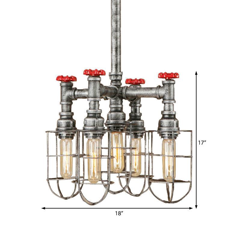 5 Lights Ceiling Light Industrial Caged Amber Glass Chandelier - Rebooters