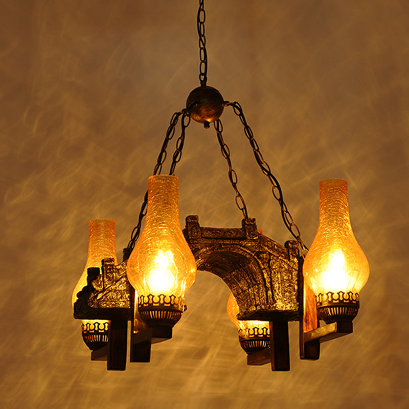 Yellow Crackle Glass Bronze Pendant Lamp 4-Light Chandelier - Rebooters