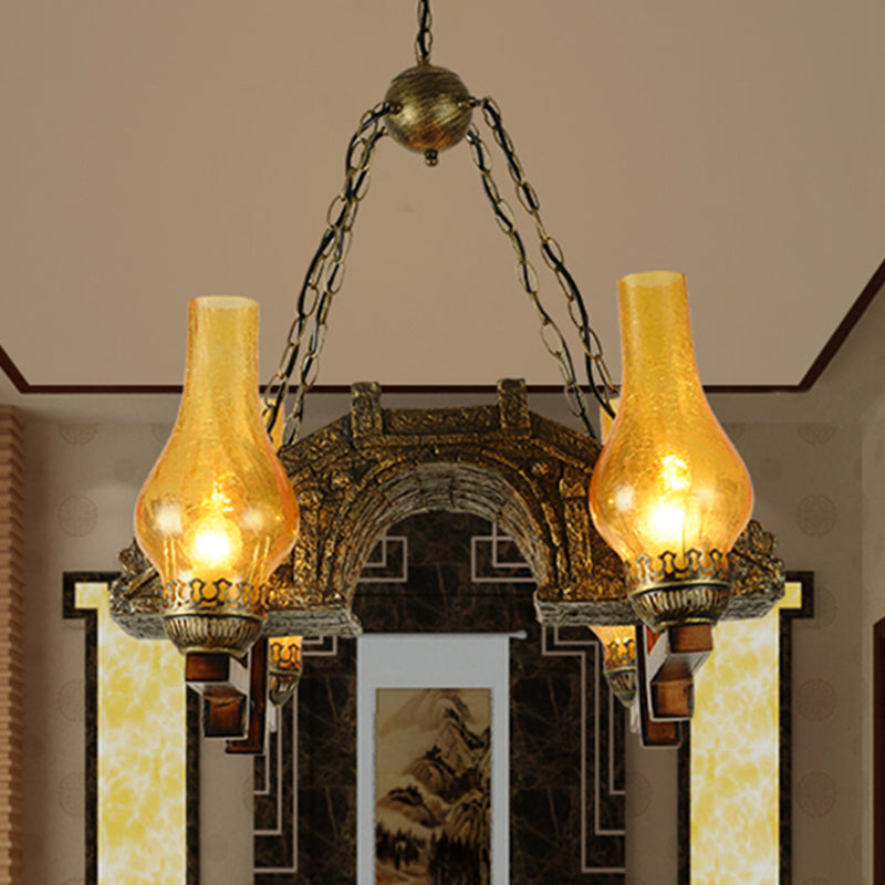 Yellow Crackle Glass Bronze Pendant Lamp 4-Light Chandelier - Rebooters