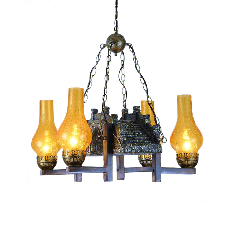 Yellow Crackle Glass Bronze Pendant Lamp 4-Light Chandelier - Rebooters