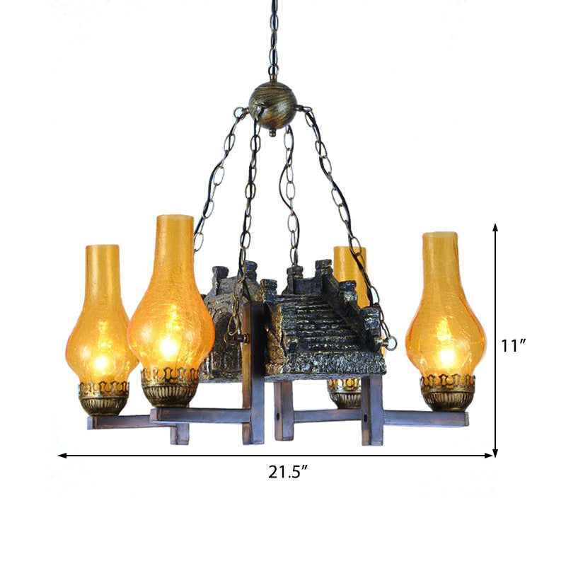 Yellow Crackle Glass Bronze Pendant Lamp 4-Light Chandelier - Rebooters