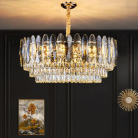 Artistic Tiered Chandelier Lighting Minimalist Clear K9 Crystal Pendant Light Gold - Rebooters