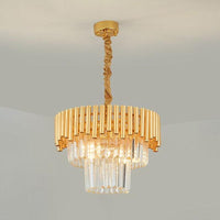 Artistic Tiered Round Suspension Light Clear Crystal Living Room Chandelier Light in Gold - Rebooters