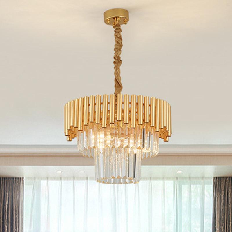Artistic Tiered Round Suspension Light Clear Crystal Living Room Chandelier Light in Gold - Rebooters
