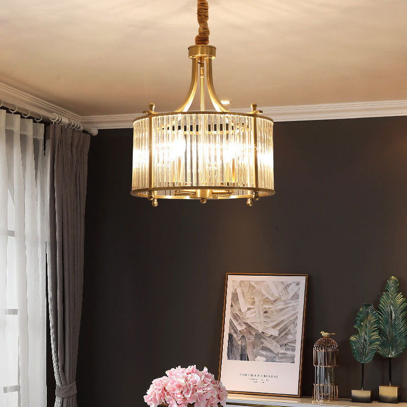 Drum Shaped Dining Room Chandelier Traditional Clear Glass Rod 4-Light Gold Ceiling Pendant - Rebooters