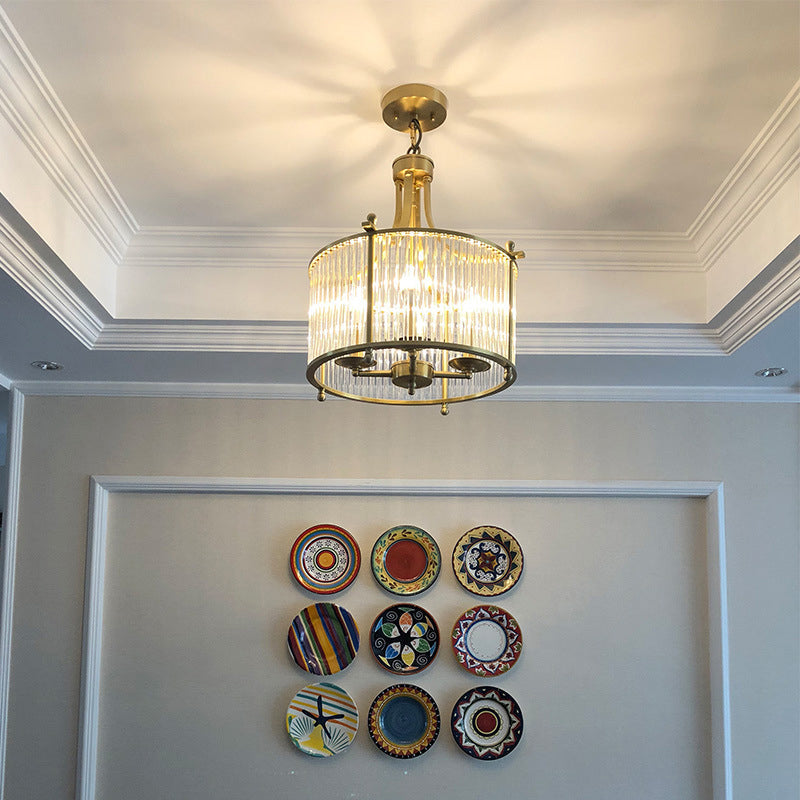 Drum Shaped Dining Room Chandelier Traditional Clear Glass Rod 4-Light Gold Ceiling Pendant - Rebooters