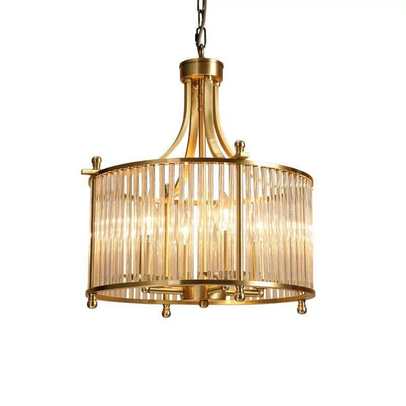 Drum Shaped Dining Room Chandelier Traditional Clear Glass Rod 4-Light Gold Ceiling Pendant - Rebooters