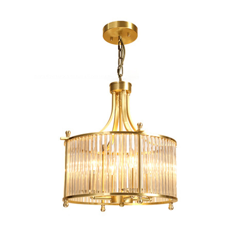 Drum Shaped Dining Room Chandelier Traditional Clear Glass Rod 4-Light Gold Ceiling Pendant - Rebooters