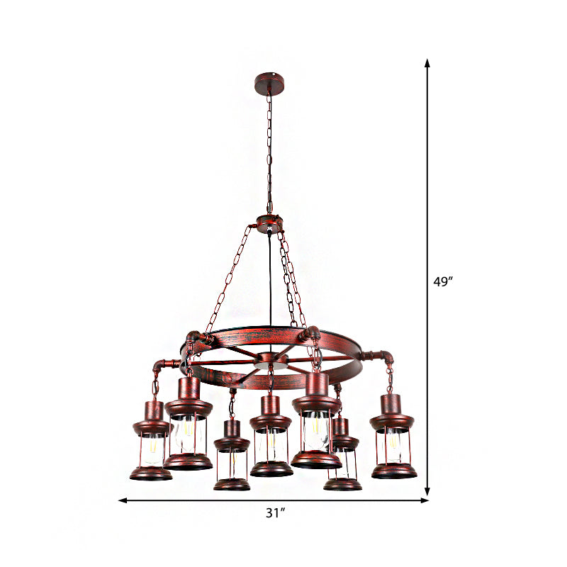 Weathered Copper 7 Lights Chandelier Light Fixture Coastal Metal Lantern Pendant Lamp with Gear Circle - Rebooters