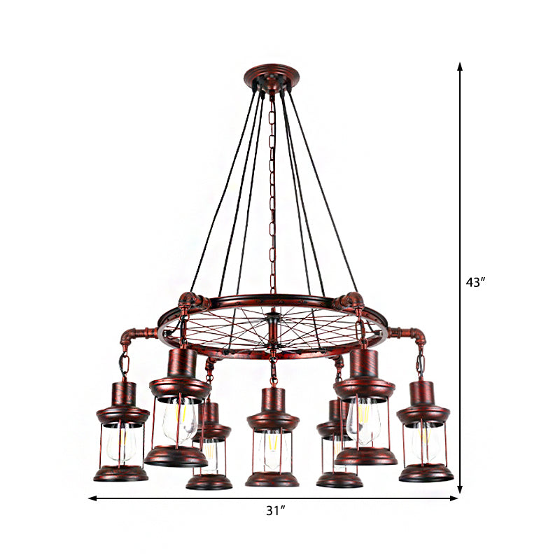 Weathered Copper 7 Lights Chandelier Light Fixture Coastal Metal Lantern Pendant Lamp with Gear Circle - Rebooters