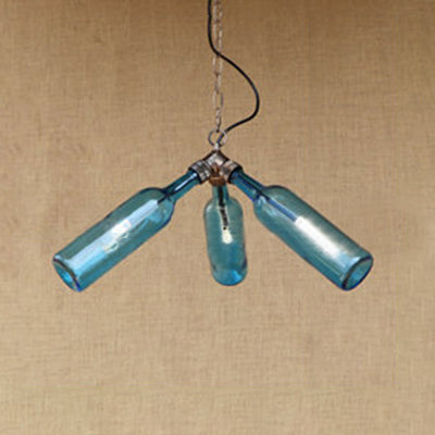 3 Bulbs Glass Hanging Lighting Industrial Stylish Blue Clear Wine Bottle Chandelier Lamp - Rebooters