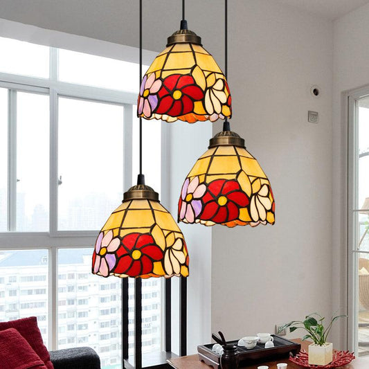 Bell Shaped Multi Light Pendant Decorative Floral Stained Glass - Rebooters