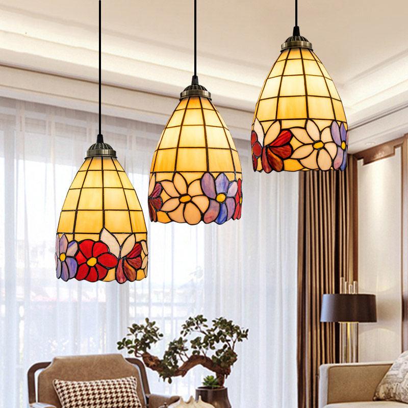 Bell Shaped Multi Light Pendant Decorative Floral Stained Glass - Rebooters