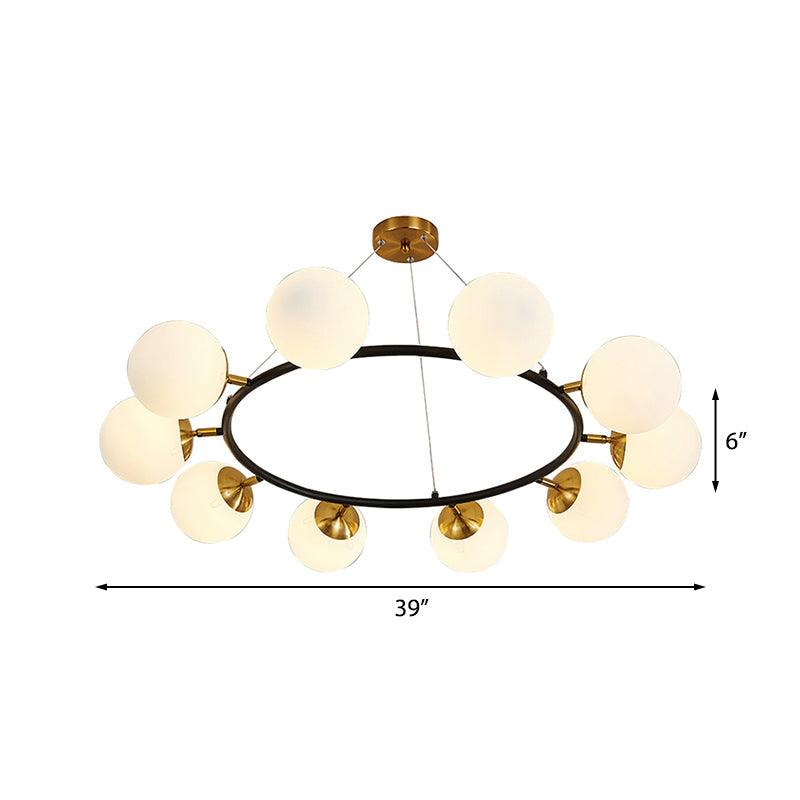 39 Inch Wide Sphere Milk White Glass Chandelier Modern 10 Lights Black Ceiling Pendant - Rebooters