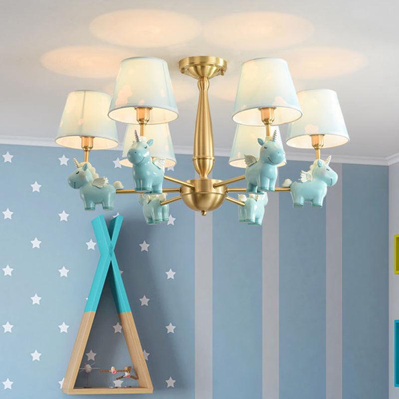 Kids Style Bucket Suspension Light Fabric Child Room Chandelier Light with Resin Unicorn - Rebooters