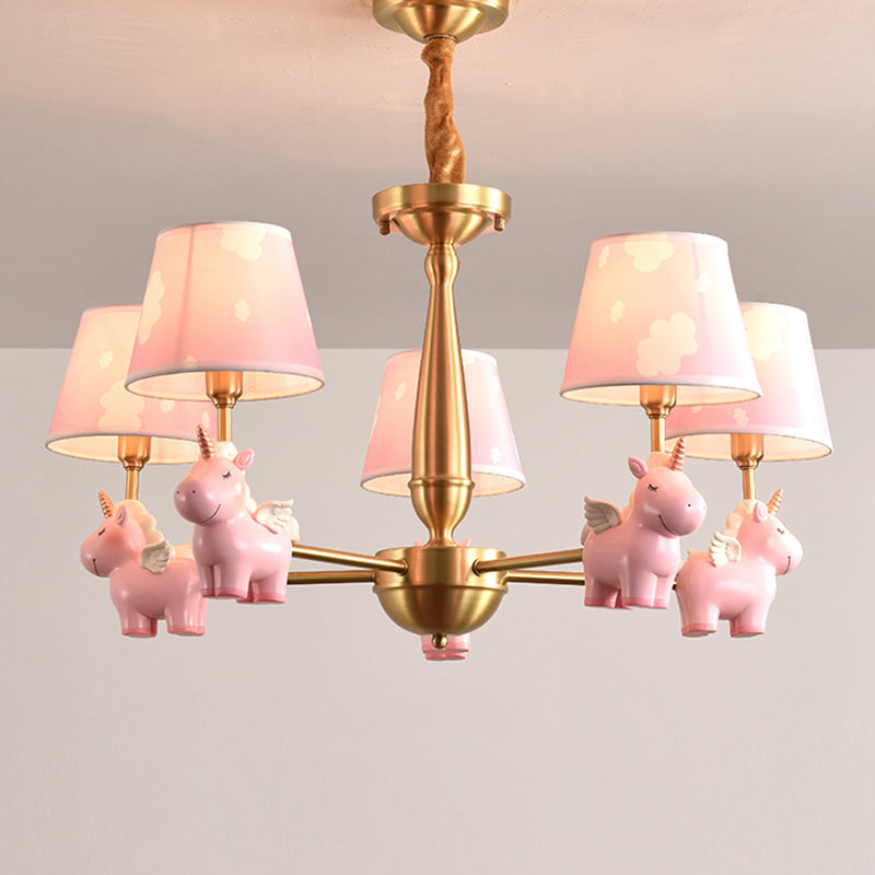 Kids Style Bucket Suspension Light Fabric Child Room Chandelier Light with Resin Unicorn - Rebooters