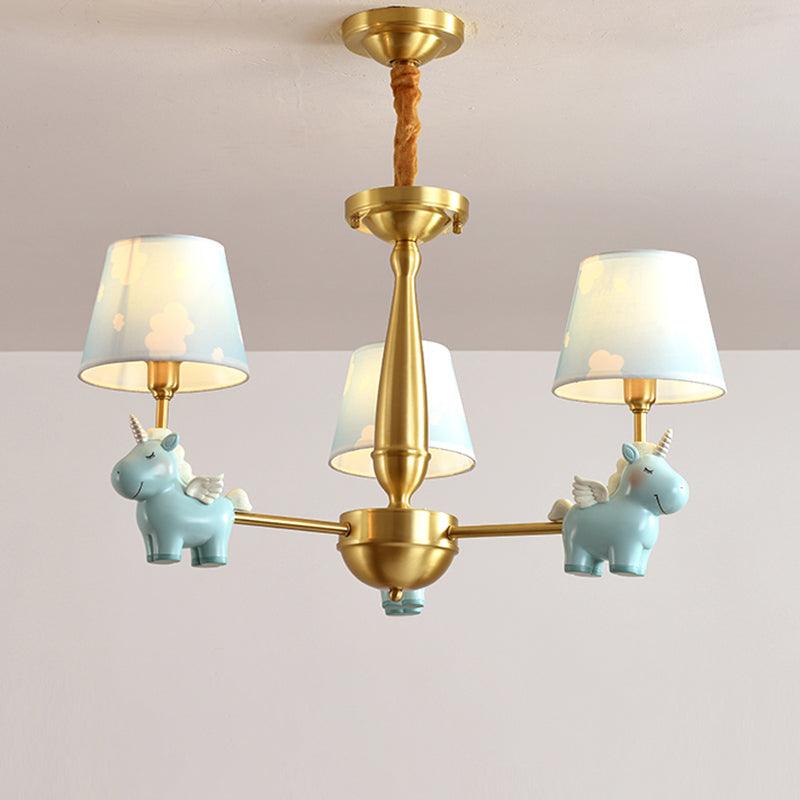 Kids Style Bucket Suspension Light Fabric Child Room Chandelier Light with Resin Unicorn - Rebooters