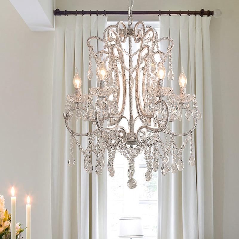 Antique Candlestick Ceiling Lighting Metallic Chandelier Light Fixture with Crystal Bead Decor in White - Rebooters