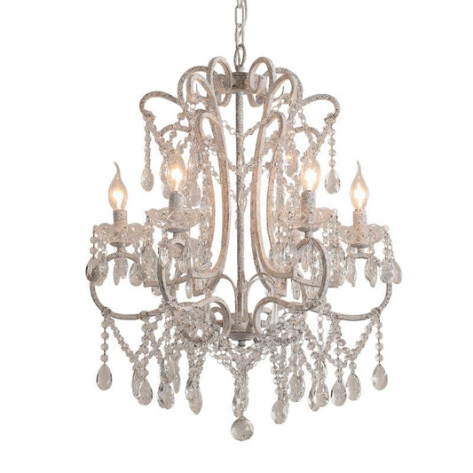 Antique Candlestick Ceiling Lighting Metallic Chandelier Light Fixture with Crystal Bead Decor in White - Rebooters