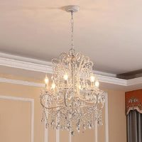 Antique Candlestick Ceiling Lighting Metallic Chandelier Light Fixture with Crystal Bead Decor in White - Rebooters