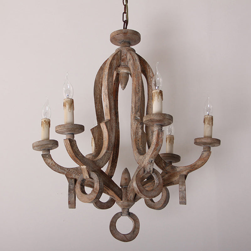 Wooden Candlestick Chandelier Pendant Light Vintage 6 Bulbs - Rebooters