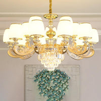 Barrel White Frosted Glass Chandelier Lighting Classic Bedroom Pendant Light with Tiered Crystal Accent - Rebooters