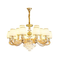 Barrel White Frosted Glass Chandelier Lighting Classic Bedroom Pendant Light with Tiered Crystal Accent - Rebooters