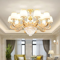 Barrel White Frosted Glass Chandelier Lighting Classic Bedroom Pendant Light with Tiered Crystal Accent - Rebooters