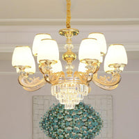 Barrel White Frosted Glass Chandelier Lighting Classic Bedroom Pendant Light with Tiered Crystal Accent - Rebooters