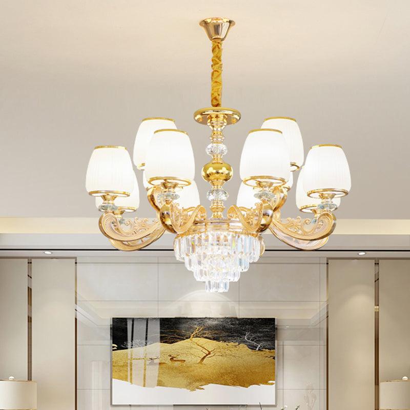 Barrel White Frosted Glass Chandelier Lighting Classic Bedroom Pendant Light with Tiered Crystal Accent - Rebooters