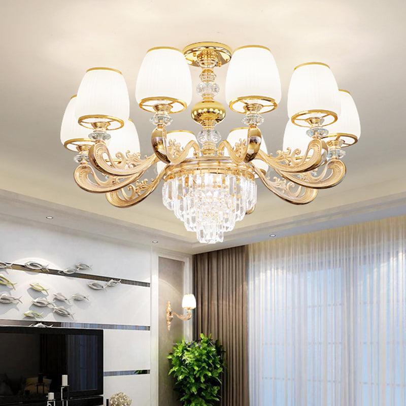 Barrel White Frosted Glass Chandelier Lighting Classic Bedroom Pendant Light with Tiered Crystal Accent - Rebooters