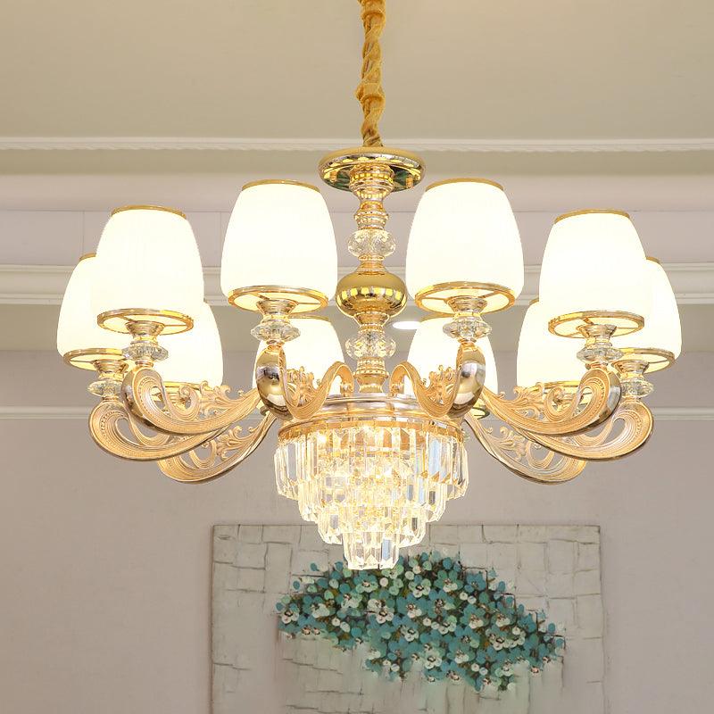 Barrel White Frosted Glass Chandelier Lighting Classic Bedroom Pendant Light with Tiered Crystal Accent - Rebooters