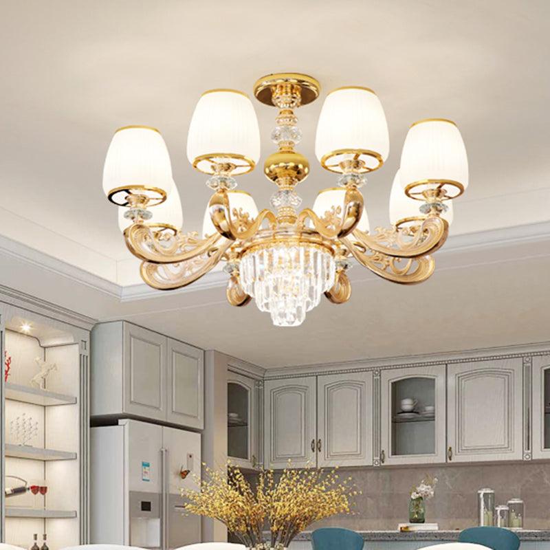 Barrel White Frosted Glass Chandelier Lighting Classic Bedroom Pendant Light with Tiered Crystal Accent - Rebooters