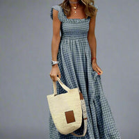 Emily Classic Checkered Ruffle Maxi Dress with Flowing Silhouette for Elegant Style Rebooters Maxi Women's Dresses