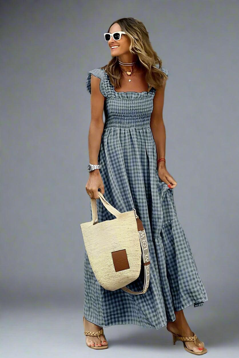 Emily Classic Checkered Ruffle Maxi Dress with Flowing Silhouette for Elegant Style Rebooters Maxi Women's Dresses