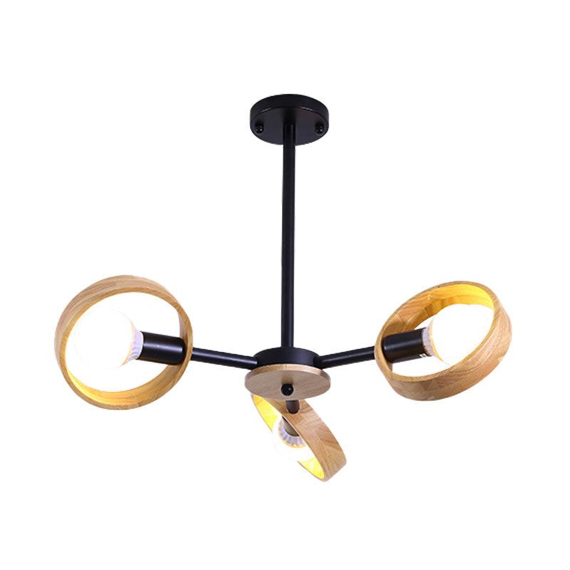 3/6/8 Heads Round Chandelier Light Contemporary Wood Hanging Ceiling Light in Black White - Rebooters