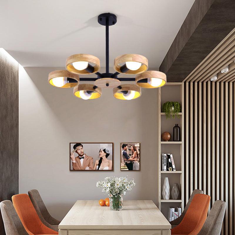 3/6/8 Heads Round Chandelier Light Contemporary Wood Hanging Ceiling Light in Black White - Rebooters
