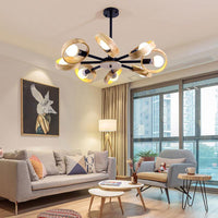 3/6/8 Heads Round Chandelier Light Contemporary Wood Hanging Ceiling Light in Black White - Rebooters