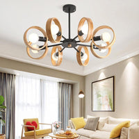 3/6/8 Heads Round Chandelier Light Contemporary Wood Hanging Ceiling Light in Black White - Rebooters