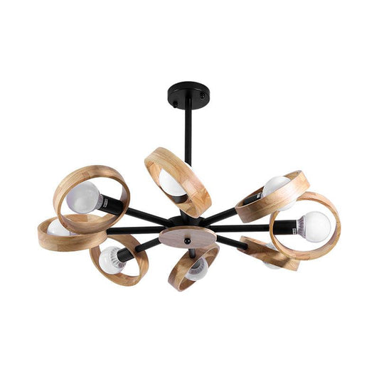 3/6/8 Heads Round Chandelier Light Contemporary Wood Hanging Ceiling Light in Black White - Rebooters
